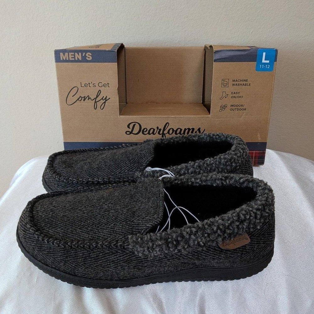 New Dearfoams Men's Herringbone Memory Foam Slippers Indoor Outdoor Large 11-12
